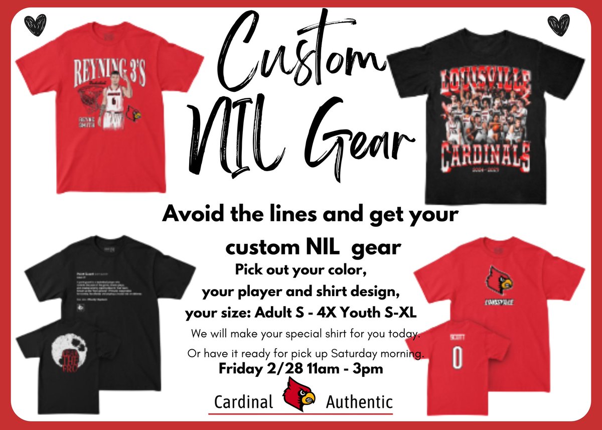 Tomorrow join us at Cardinal Authentic from 11:00am - 3:00pm To get your Custom NIL Gear made before the game on Saturday.
Choose your color, Your player, your design and your size. We will make it for you on the spot.