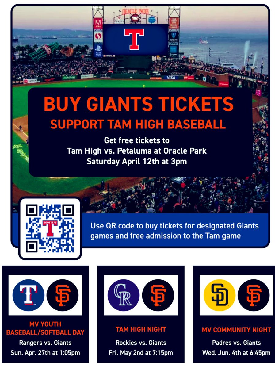 🚨ATTENTION ALL🚨

The Tam High Varsity Team has been selected to play at Oracle Park this year at the Annual High School Baseball Showcase! Tam will play on April 12th at 3pm vs Petaula High. 

To attend the game, a ticket must be purchased for one of the three following San