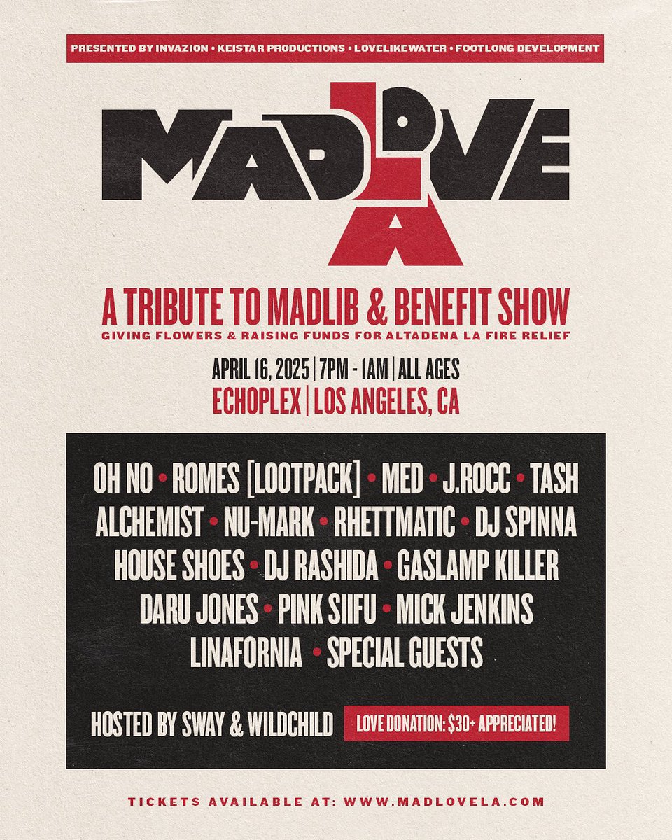 OK LA(west Coast), after NY showed up &amp; showed out in support of my brotha <a href="/madlib/">Madlib</a> We hope to see you come thru in support of Madlib &amp; also #villageplaygarden @#rhythmsofthevillage @#madlovela #Madlib #AltadenaFireRelief Salute to my "Kingsmen" involved to make this one special!