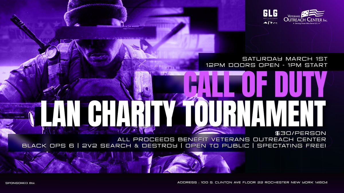 GLG | Great Lakes Garland (@glgaminglounges) on Twitter photo 🏆CALL OF DUTY LAN TOURNAMENT🏆
Our 2nd annual <a href="/VOCROC/">Veterans Outreach Center</a> charity tournament is coming up this Saturday, all proceeds benefit the VOC and their mission to support local veterans
Saturday March 1st
Doors Open 12 Noon
2v2 S&D
Free Pizza & Wings
Live-Streamed
glgaminglounges.com/shop/p/call-of… 🏆CALL OF DUTY LAN TOURNAMENT🏆
Our 2nd annual <a href="/VOCROC/">Veterans Outreach Center</a> charity tournament is coming up this Saturday, all proceeds benefit the VOC and their mission to support local veterans
Saturday March 1st
Doors Open 12 Noon
2v2 S&D
Free Pizza & Wings
Live-Streamed
glgaminglounges.com/shop/p/call-of…