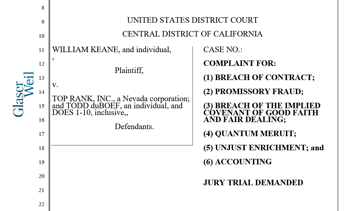 1/ 
case 2:25-cv-01694
Central District of California

William Keane vs <a href="/trboxing/">Top Rank Boxing</a>, <a href="/ToddDuboef/">Todd duBoef</a>, etc
 
kinahan is mentioned 55x in keane's complaint

[filed 2/27/25 - 36 pages]

source: documentcloud.org/documents/2554…

#boxing #boxeo