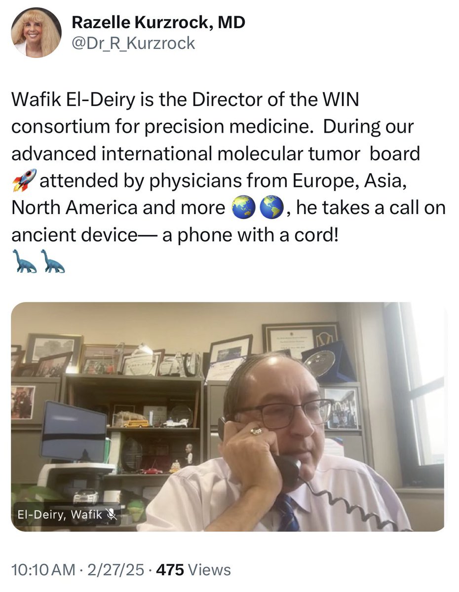 Wafik S. El-Deiry, MD, PhD, FACP (@weldeiry) on Twitter photo Captured by <a href="/Dr_R_Kurzrock/">Razelle Kurzrock, MD</a>
We still use those land lines as we called them for a while but don’t leave a message if I’m not there to answer because I’m locked out of the voicemail. Captured by <a href="/Dr_R_Kurzrock/">Razelle Kurzrock, MD</a>
We still use those land lines as we called them for a while but don’t leave a message if I’m not there to answer because I’m locked out of the voicemail.