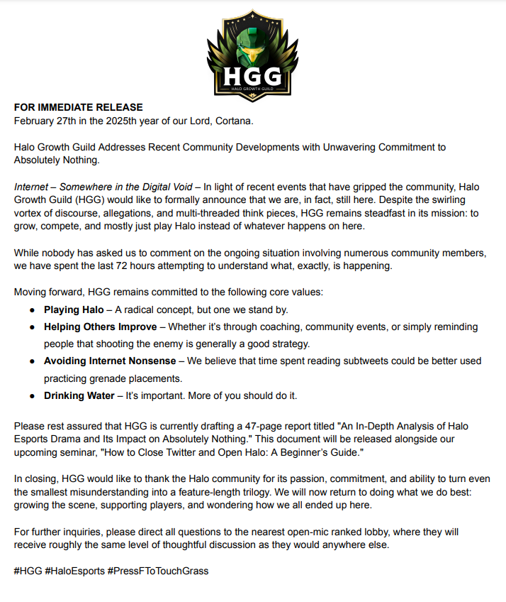 halogrowthguild's tweet photo. FOR IMMEDIATE RELEASE
#HGG #HaloEsports #PressFToTouchGrass https://t.co/Mf4gTQ5Rvl