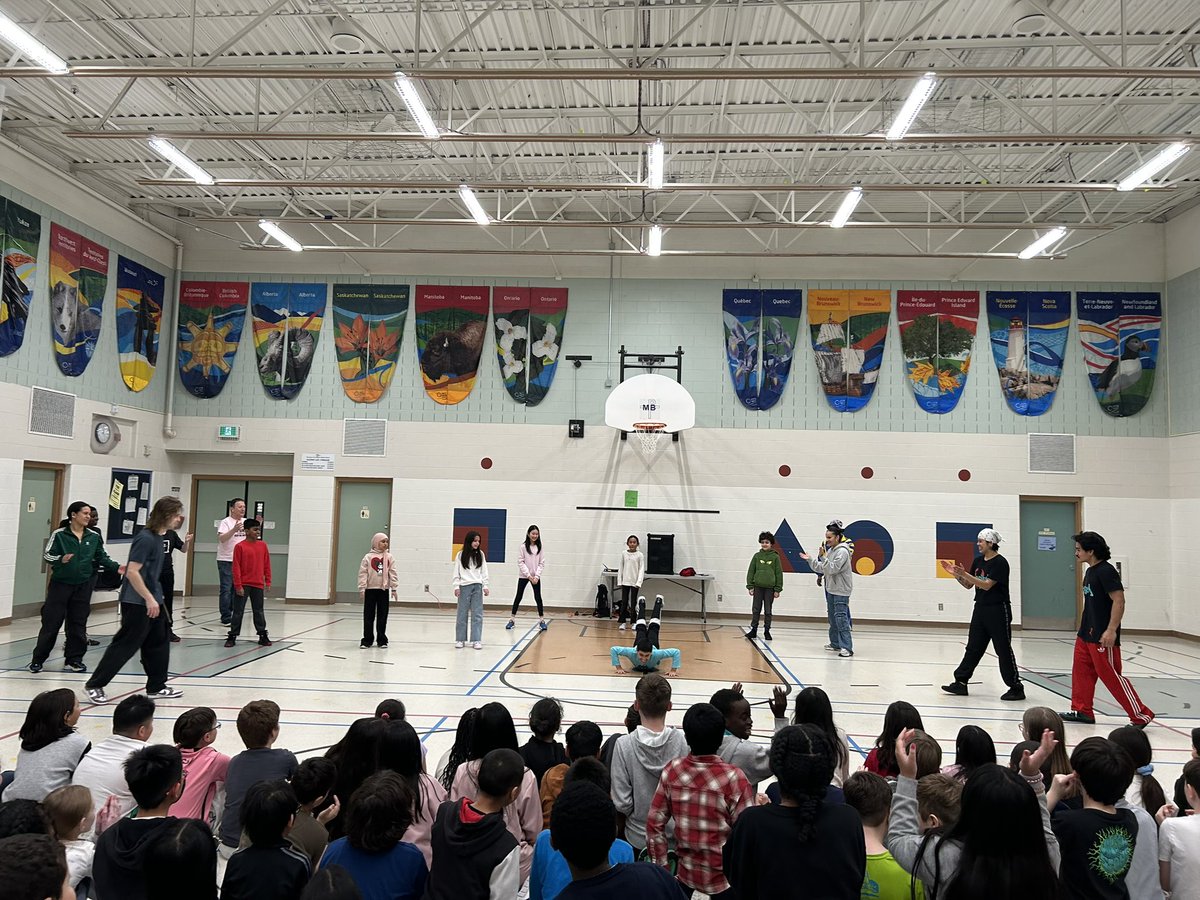 MPaulBaxterOCSB's tweet photo. @Immersart_fccf @masconline Bboyizm Dance Company engaged our junior students (and staff!) with a trip through the decades highlighting different dance forms and patterns in dance 🕺 Merci #ocsbFSL #ocsbArts Grade 6 students had some great moves during their workshop! https://t.co/fXWVmIFcp7