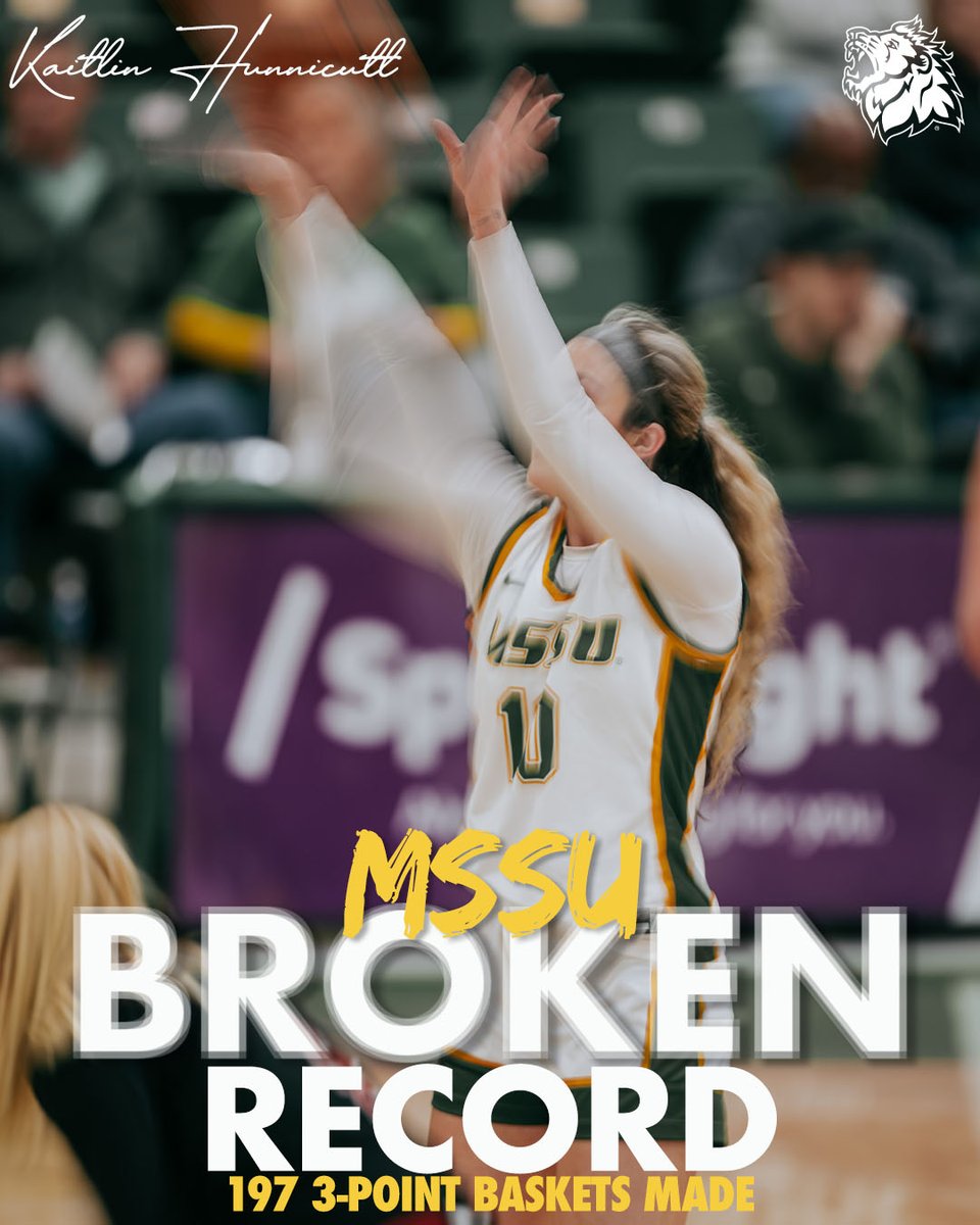Congratulations to Kaitlin Hunicutt for shattering the MSSU School Record for most 3-pointers made with 197! 🦁🔥

She’s officially passed the Danielle DeVader (2005-09), who held the record at 196.✨