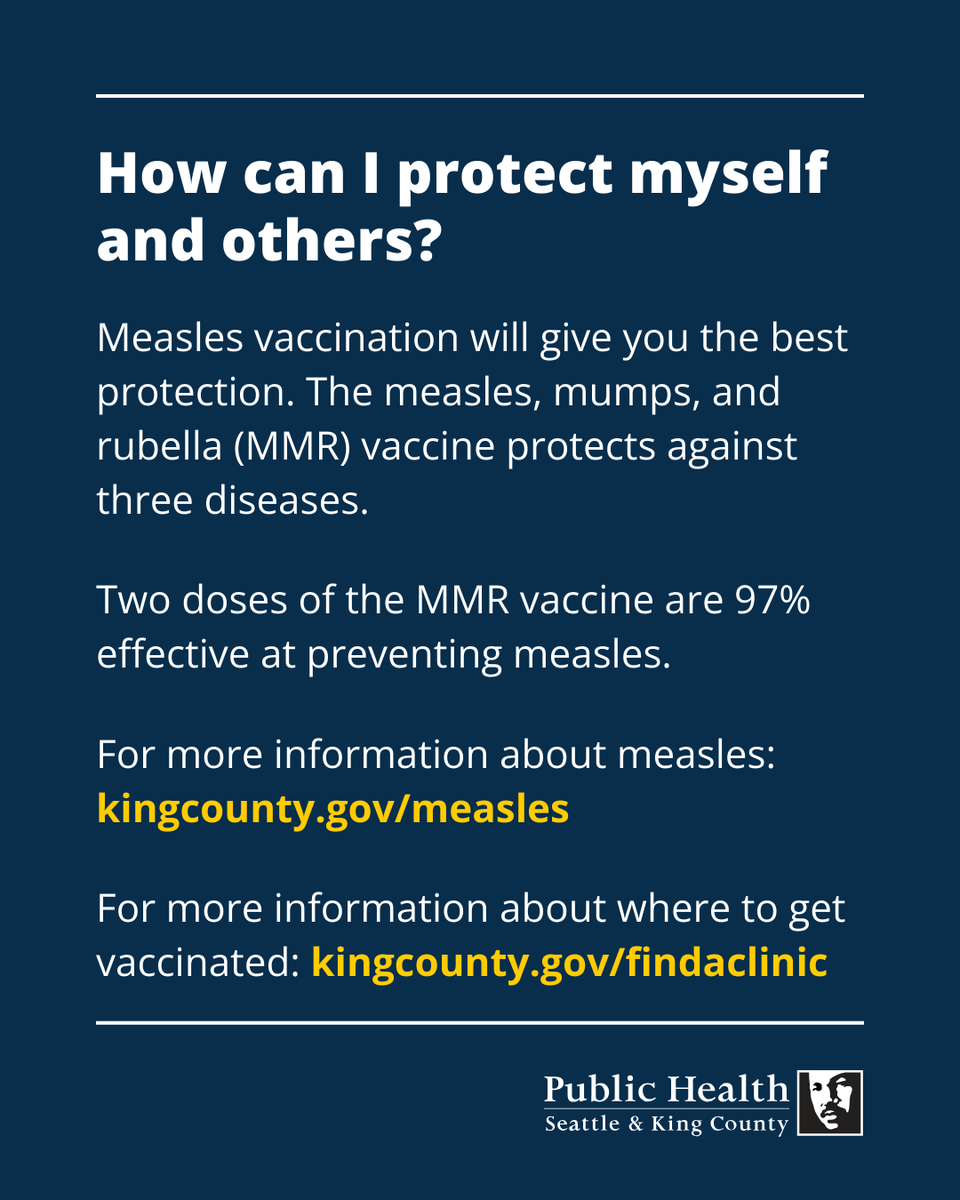 We have identified a new case of measles in an infant in King County. People who were at certain locations in King County may have been exposed. People who are vaccinated are very well protected. 

See our blog for a list of exposure locations: bit.ly/4bsa1PR