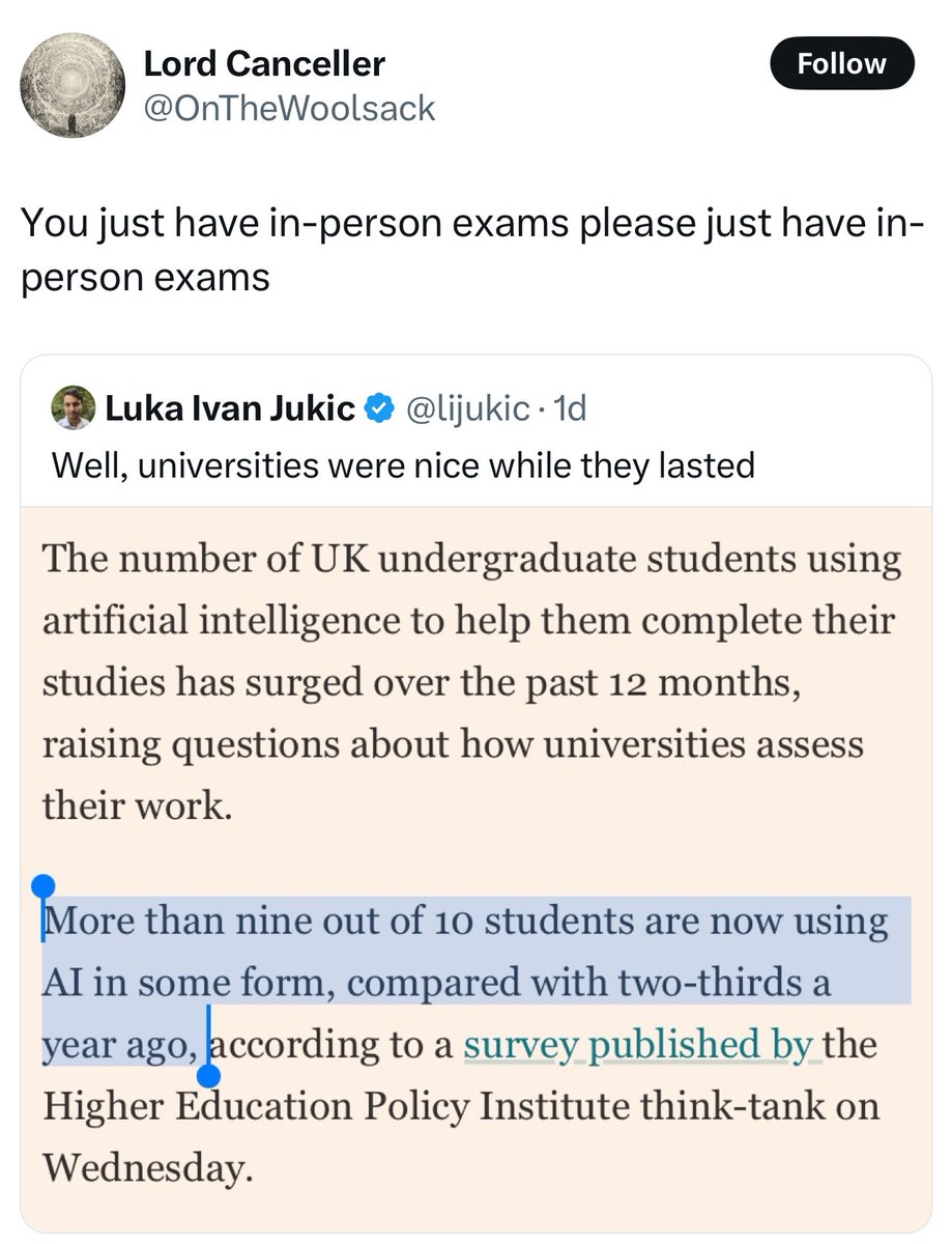Upweighting the importance of in-person exams relative to e.g. term projects is a short-term fix. There has to be room for students to develop research and essay writing skills, and there has to be an incentive structure that rewards students who take the time and effort to
