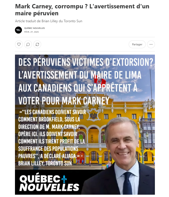 QuebecFier's tweet photo. Mark Carney, corrompu jusqu'à l'os? Un maire péruvien sonne l’alarme. Pots-de-vin, magouilles et copinage international, toujours au profit de l’élite. Carney, c’est Trudeau 2.0, en plus crosseur. #CorruptionLibérale

Lien vers l'article en commentaire⤵️ https://t.co/BIHAwml7lx