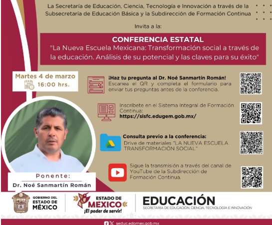 cmTlalnepantla1's tweet photo. Conferencia La Nueva Escuela Mexicana: Transformación social a través de la Educación. 
Ponente Dr. Noé Sanmartín Román
 ⏰ 4 de Marzo | 16:00 hrs
📝Inscribete  https://t.co/mDEGAdY6uZ
Selecciona Centro de Maestros Tlalnepantla

@SEB_Edomex 
@SubdireccionC 
@Jevamidoc https://t.co/lyo8NPZc8W