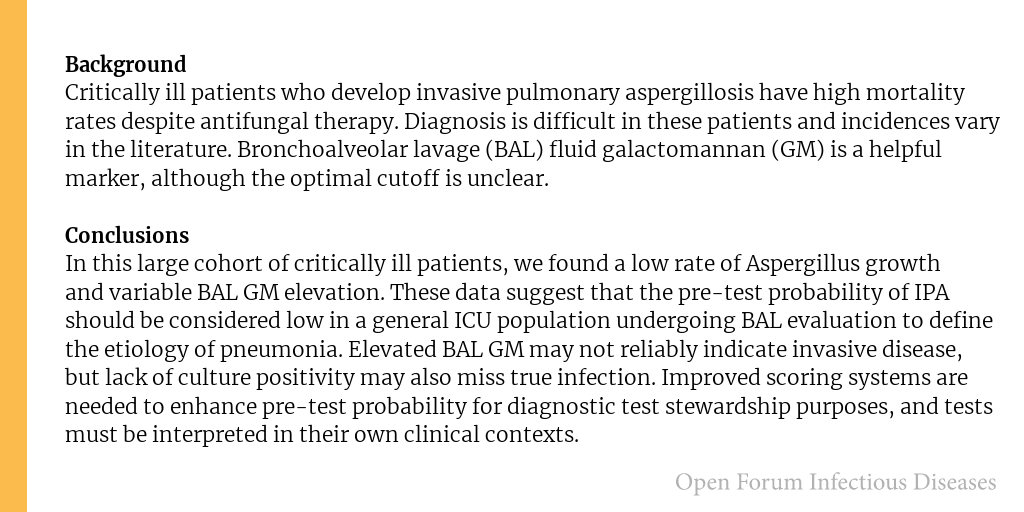 Open Forum Infectious Diseases (@ofidjournal) on Twitter photo An observational cohort study of bronchoalveolar lavage fluid galactomannan and Aspergillus culture positivity in patients requiring mechanical ventilation
✅ Just Accepted
✍️ <a href="/CatGaoHow/">Cathy Gao-Howard, MD MS</a>, <a href="/NM_lung/">NM Pulmonary and Thoracic Surgery</a>
🔗 bit.ly/3XbAonp An observational cohort study of bronchoalveolar lavage fluid galactomannan and Aspergillus culture positivity in patients requiring mechanical ventilation
✅ Just Accepted
✍️ <a href="/CatGaoHow/">Cathy Gao-Howard, MD MS</a>, <a href="/NM_lung/">NM Pulmonary and Thoracic Surgery</a>
🔗 bit.ly/3XbAonp