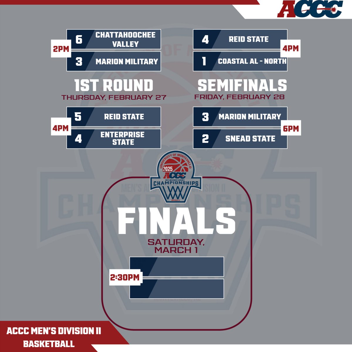 🚨Bracket Alert🚨

Please see updated bracket for the <a href="/acccathletics/">ACCC</a> Division II Men's Basketball Championship.