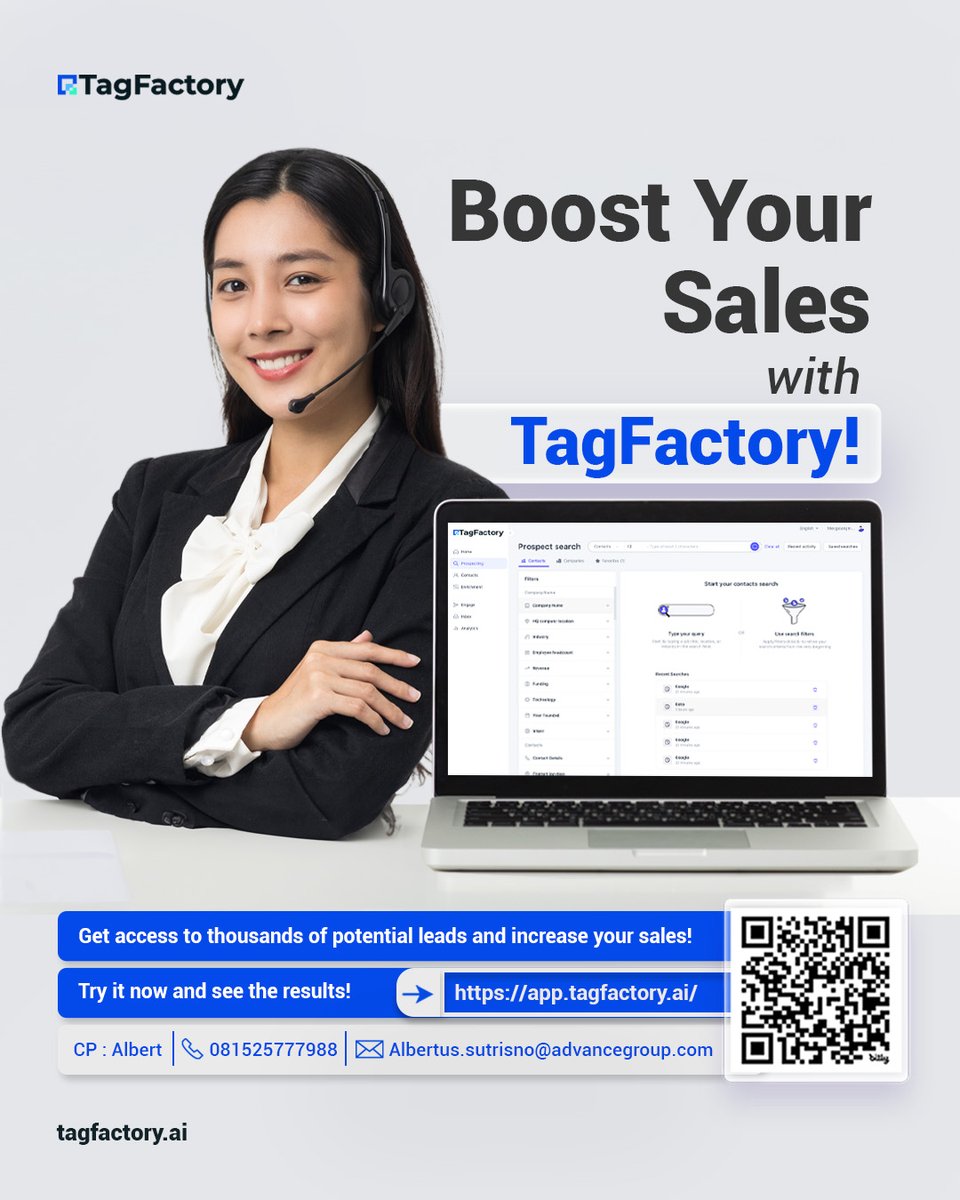 AlbertTFGinee's tweet image. Tagfactory: Your AI wingman for lead gen. More conversions, less hustle. Who’s in? bit.ly/TF_AlbertusS
#Tagfactory #freedatabase #leadsgenerator #Digitalmarketing #LeadGeneration #BisnisOnline #salesleadgenerator #visibility #startup #founder #outboundsalesagent