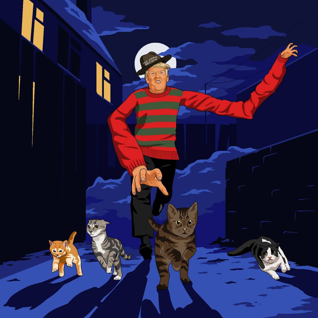 'How about Trump trying to grab some terrified pussy cats down a dark alley. Maybe with those freaky long arms Freddy has in Nightmare on Elm Street?' - Stephen Buxton