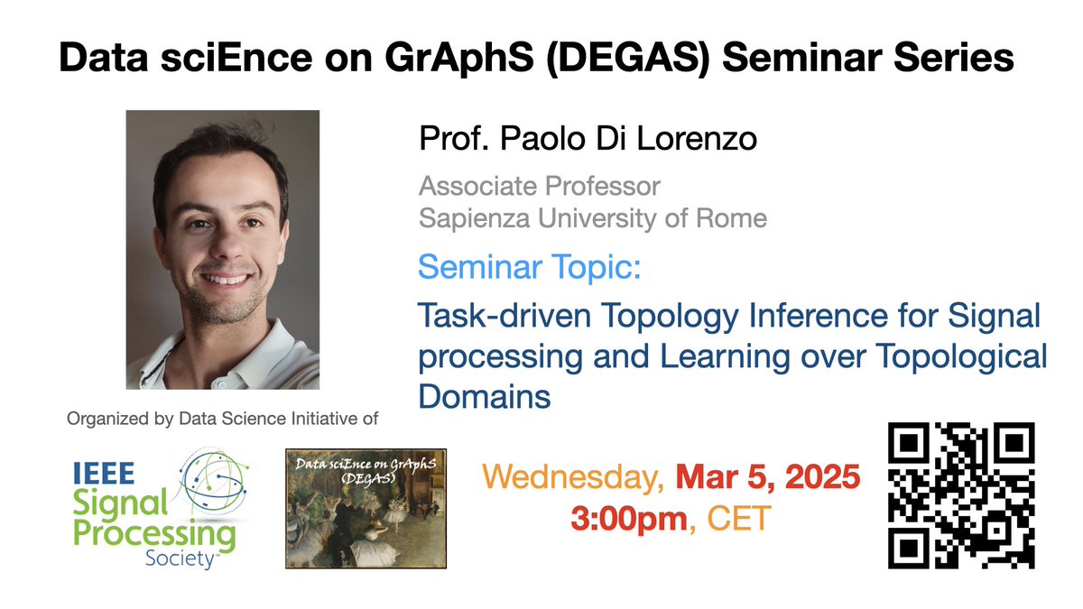 Our next talk will be given by Paolo Di Lorenzo
on "Task-driven Topology Inference for Signal processing and Learning over Topological Domains". Join us on *Mar 5* (Wed) at *3pm CET*. Check out dsiseminar.github.io for details. #topologicallearning