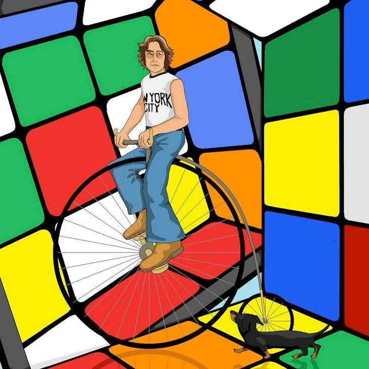 jim'llpaintit (@jimllpaintit) on Twitter photo My one brush with Oasis:
Years ago I did a spread for Q Magazine where I painted pictures for some music celebs. <a href="/liamgallagher/">Liam Gallagher</a> requested "John Lennon being chased by a sausage dog while riding a penny farthing inside a rubiks cube" and signed off with "Paint that, ya twat!". My one brush with Oasis:
Years ago I did a spread for Q Magazine where I painted pictures for some music celebs. <a href="/liamgallagher/">Liam Gallagher</a> requested "John Lennon being chased by a sausage dog while riding a penny farthing inside a rubiks cube" and signed off with "Paint that, ya twat!".