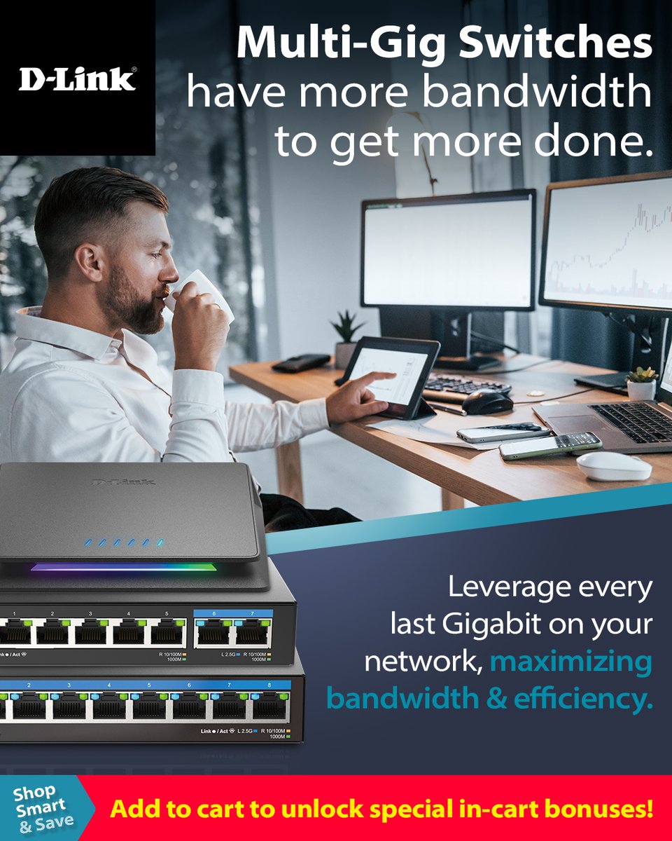 D-Link USA (@dlink) on Twitter photo Maximize every last gigabit on your network with D-Link Multi-Gig Switches.  Enjoy faster speeds, reduced latency, and future-proof performance—all without the need to upgrade your cables.  SAVE & upgrade to Multi-Gig Today. bit.ly/41dl5vw #NetworkUpgrade #MultiGig Maximize every last gigabit on your network with D-Link Multi-Gig Switches.  Enjoy faster speeds, reduced latency, and future-proof performance—all without the need to upgrade your cables.  SAVE & upgrade to Multi-Gig Today. bit.ly/41dl5vw #NetworkUpgrade #MultiGig