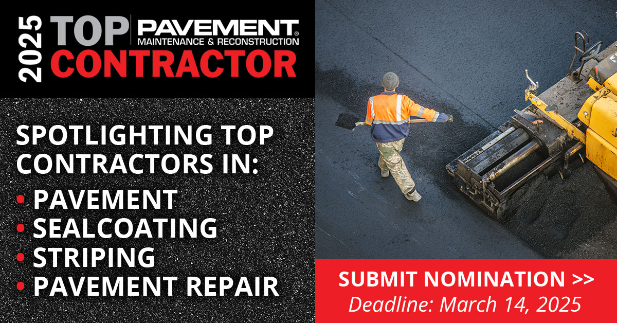 Mark your calendars! 📅 Nominations for the 2025 Top Contractor Award close on 𝗠𝗮𝗿𝗰𝗵 𝟭𝟰, 𝟮𝟬𝟮𝟱.

Don’t miss your chance to celebrate excellence in #pavement, sealcoating, striping, and repair.

Submit your nomination today! ⤵️
bit.ly/3ZKsgM7