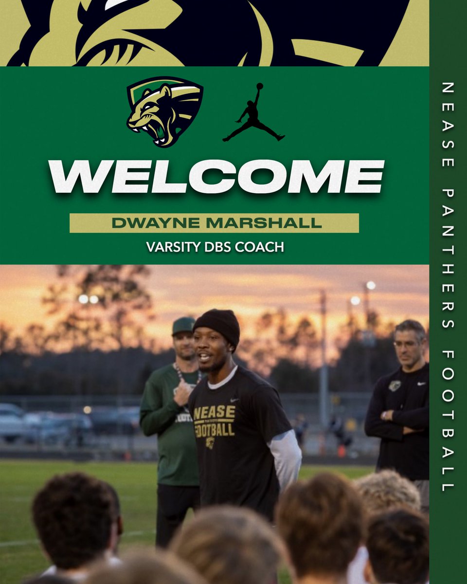 NEASE FOOTBALL (@neaseftbl) on Twitter photo We are excited to officially welcome <a href="/CoachDMarshall7/">Dwayne Marshall</a> to the Nease coaching staff coaching our Varsity DBs!
Coach Marshall brings a wealth of knowledge and experience as a former college and professional player that will have an immediate impact on the program.
#NEASE We are excited to officially welcome <a href="/CoachDMarshall7/">Dwayne Marshall</a> to the Nease coaching staff coaching our Varsity DBs!
Coach Marshall brings a wealth of knowledge and experience as a former college and professional player that will have an immediate impact on the program.
#NEASE
