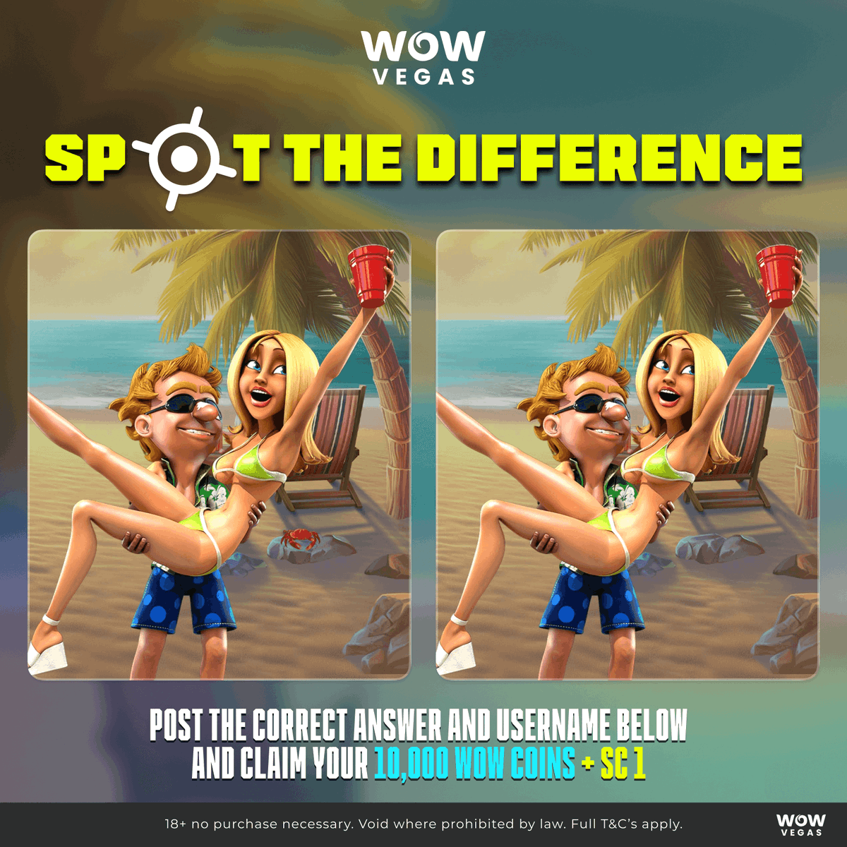 wowvegascom's tweet photo. 🏖️ Spot the Difference: The Tipsy Tourist Beach Bonanza Hold and Win! 🔍Think you’ve got sharp eyes? Scan The Tipsy Tourist scene and uncover the hidden difference! Drop your guess and WOW Vegas username in the comments and you could win WOW 30,000 + SC 3! #DailySocialCompetition https://t.co/QjwK4SV7Di