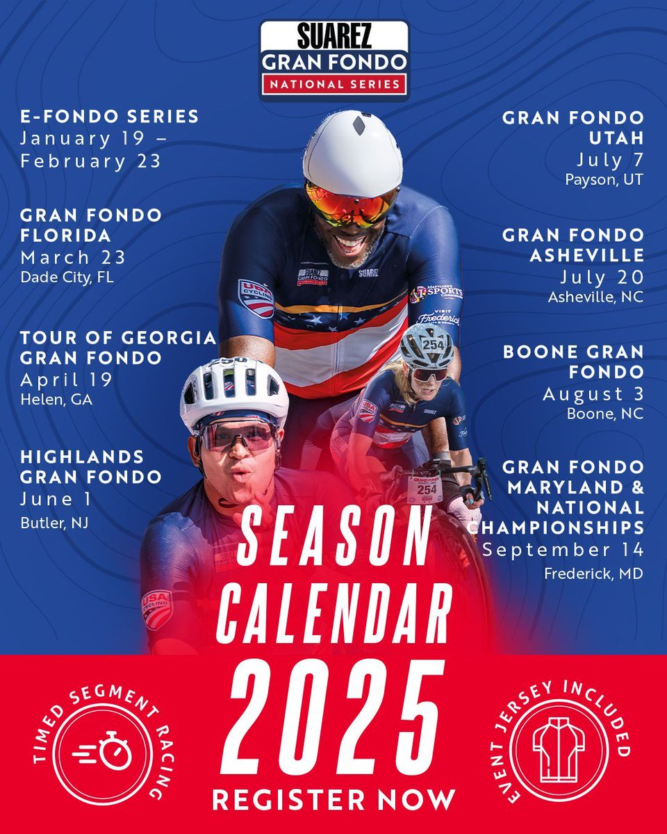 🚴‍♂️ The 2025 Gran Fondo National Series Season is Here! 🚴‍♀️

Mark your calendars and get ready for an epic year of cycling with the Gran Fondo National Series! From sunny Florida to the rolling hills of Maryland, here’s where we’re riding in 2025:

granfondonationalseries.com/all-events