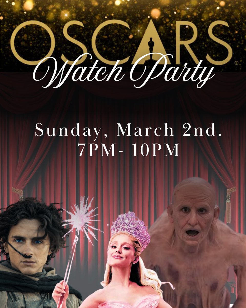Are you a Galinda or an Elphaba?
Do you relate more to Timothee in Dune 2 or A Complete Unknown? 
Would you ever try The Substance? 
Let's unpack these questions together.. Sunday night March 2nd @7PM! 
with some fun award worthy cocktails to match the vibe ~