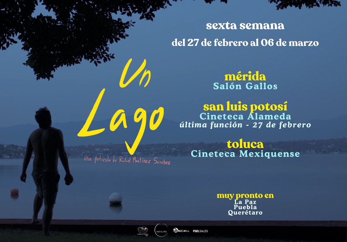 BenucaFilms's tweet image. UN LAGO continúa por sexta semana en cines selectos. Del 27 de febrero al 06 de marzo búscala en #Mérida #SanLuisPotosí y #Toluca 

La ópera prima de @rafafams, está protagonizada por Rafa y @CammTs, y es una producción mexicana 100% independiente.

#UnLago