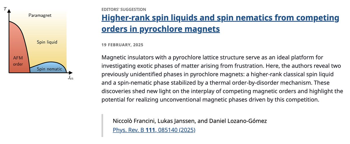 PhysRevB's tweet image. PRB Editors&apos; Suggestion: Higher-rank #SpinLiquids and #SpinNematics from competing orders in #pyrochlore #magnets

Niccolò Francini, Lukas Janssen, and Daniel Lozano-Gómez
Phys. Rev. B 111, 085140

➡️ go.aps.org/4hUZuiM
#EdSugg @APSPhysics #condmat #physics