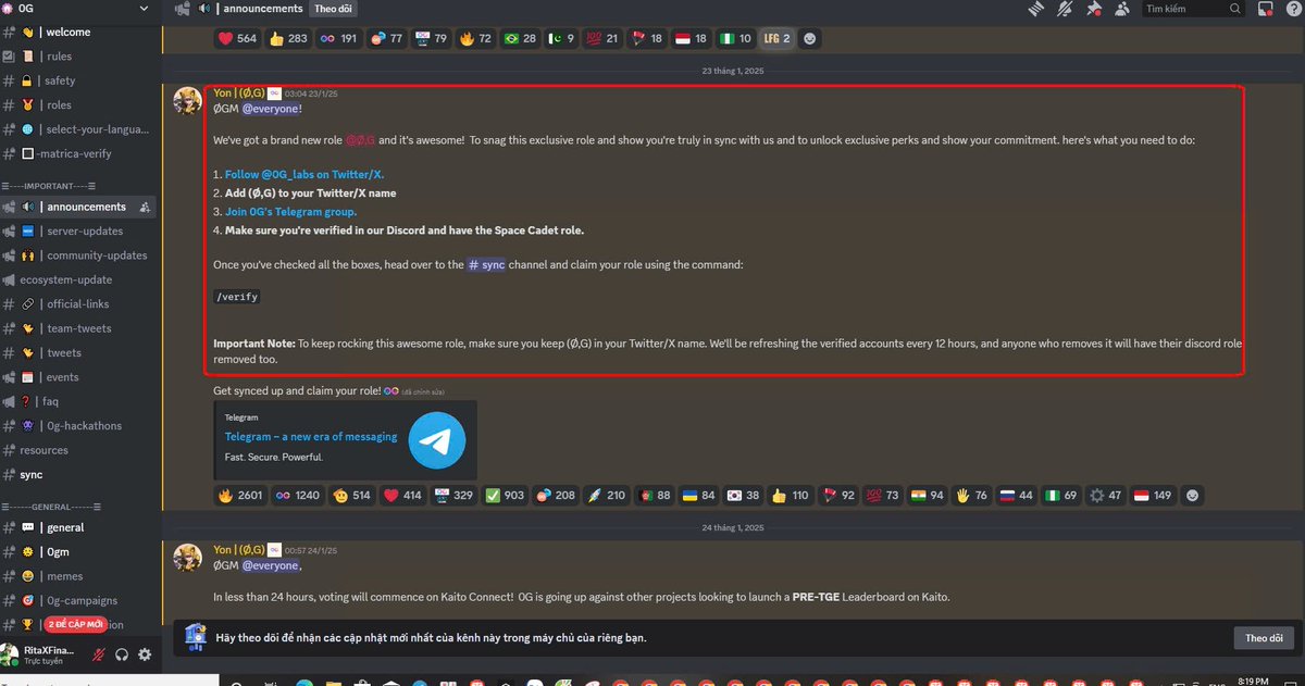 RitaXFinance's tweet photo. 🔥🔥🔥HƯỚNG DẪN AIRDROP DỰ ÁN - OG_LABS - CHI PHÍ 0 ĐỒNG  @0G_labs 

✅OG Labs là dự án modular chuyên về AI đầu tiên. Nhằm mục đích cách mạng hoá các ứng dụng AI với Data Availability, có thể mở rộng vô hạn. Dự án đã raise được 35M$  với các quỹ nổi tiếng như: OKX VENTURES...

➡️Truy cập link : https://t.co/pnLvgFh6v1 để faucet ( đang lỗi) lúc được lúc không

➕Vào mục faucet =>connect ví => add OG testnet vào ví metamask => dán ví vào xác minh con người rồi bấm Request AOG

✅Canh lâu lâu vào faucet thử => các mục cầu và swap chưa mở

➕Ngoài ra anh em join Discord làm nhiệm vụ lấy role O,G bằng cách :

➕Follow X, join telegram, ad (O,G) vào tên X => sau đó vào mục #Sync xác nhận như hình

✅Anh em nào siêng có thể tham gia các event trên Discord để nhận thêm role hoặc Xp 

➡️Link DC: https://t.co/2V5CXTj5dz

👀Nhiều task galxe đã end! mình cũng chưa làm kịp

👌Hiện tại mới chỉ có những này, có gì mình sẽ update sau.... chúc anh em thành công

#KAITO #0g_labs #Initia
