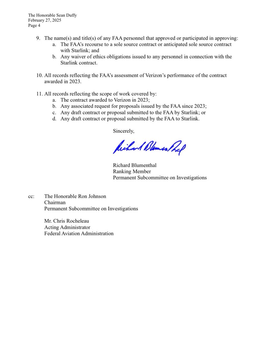 I’m demanding Sec. Duffy explain why his agency is suddenly selecting Musk’s Starlink for FAA use after a contract was already signed with Verizon. This new deal reeks of corrupt, self-serving abuse of taxpayer dollars.