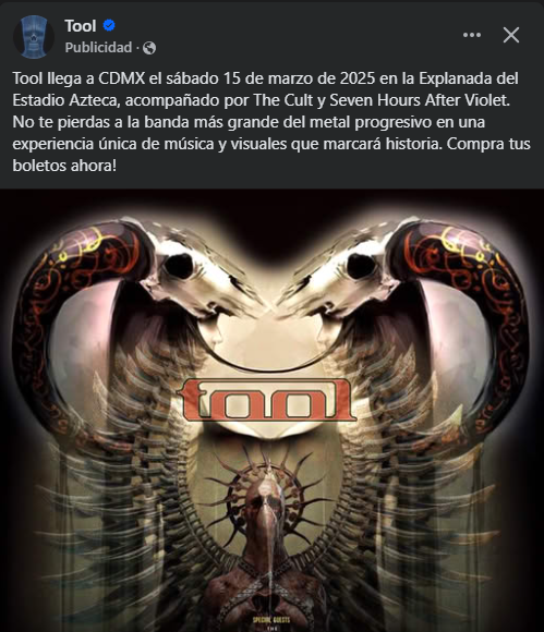 Ya compren sus boletos para ver a Tool, estoy harto que la publicidad me salga cada 5 minutos en redes sociales