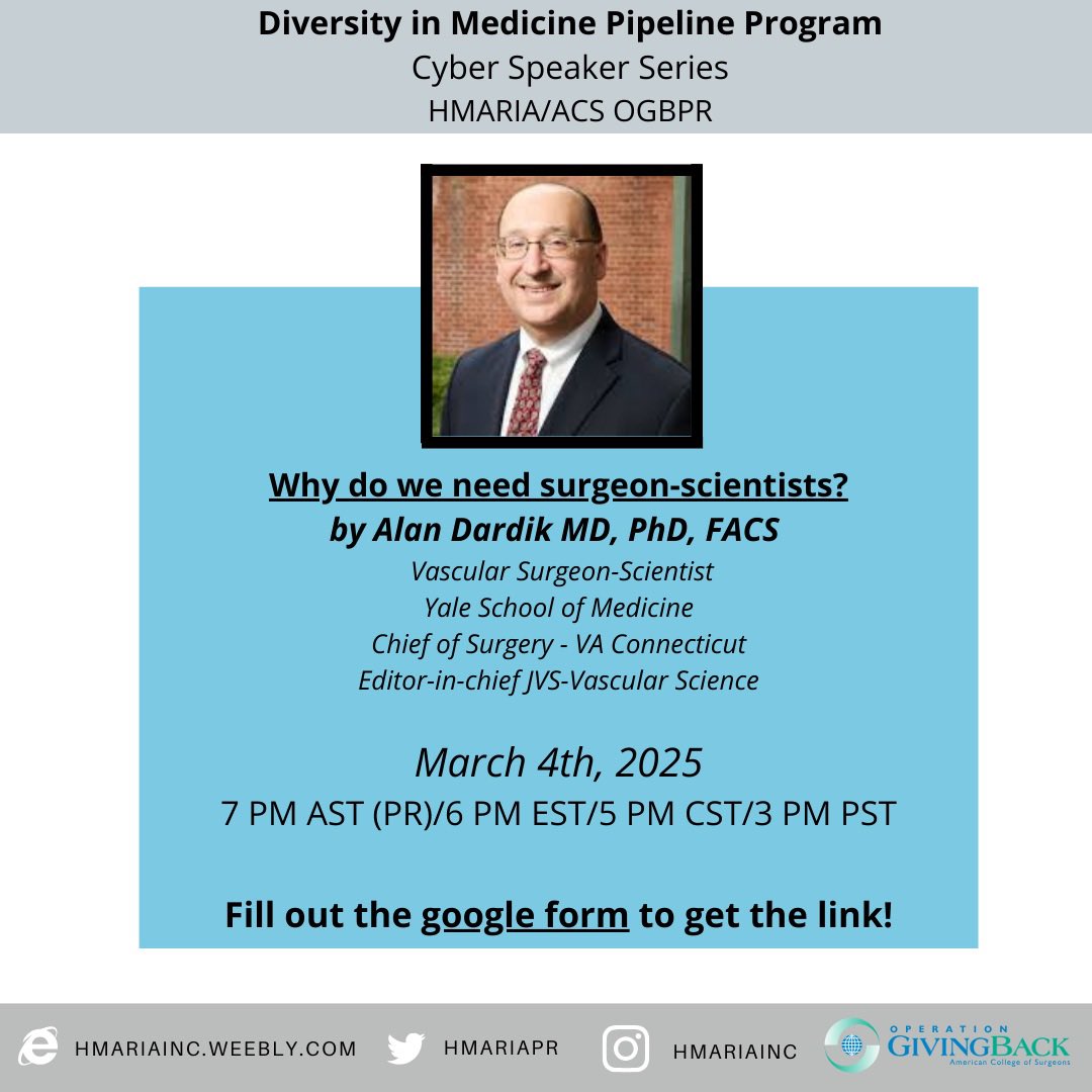 Cayetana Lazcano-Etchebarne (@lazcanocayetana) on Twitter photo We are excited to have <a href="/adardik/">Alan Dardik MD PhD</a> as the speaker for our upcoming <a href="/AmCollSurgeons/">American College of Surgeons</a>/<a href="/HMARIApr/">H-MARIA</a> Cyber Speaker Series! 
Join us to learn more about 'Why do we need surgeon-scientists?' from the one and only, Dr. Dardik!
Register here: facs.givepulse.com/shift/4347978 We are excited to have <a href="/adardik/">Alan Dardik MD PhD</a> as the speaker for our upcoming <a href="/AmCollSurgeons/">American College of Surgeons</a>/<a href="/HMARIApr/">H-MARIA</a> Cyber Speaker Series! 
Join us to learn more about 'Why do we need surgeon-scientists?' from the one and only, Dr. Dardik!
Register here: facs.givepulse.com/shift/4347978