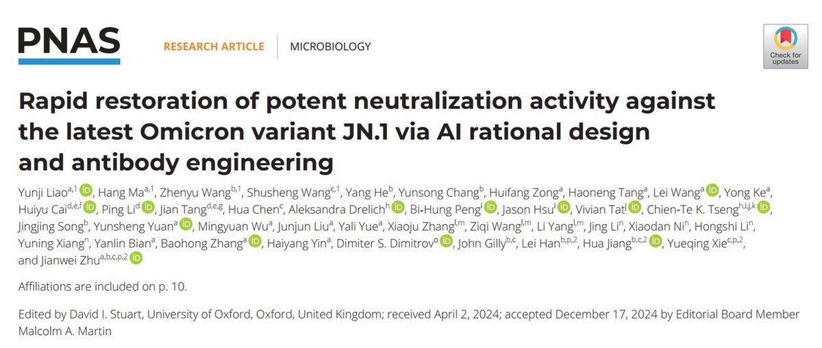 BioGeometryAI's tweet image. Our GeoBiologics platform boosted the 8G3 antibody’s neutralizing activity by 1000-1500x against JN.1. The study is now out in
@PNASNews
, showing AI’s transformative role in antibody engineering. #AI4Science #drugdiscovery  [Study]🔗pnas.org/doi/10.1073/pn…