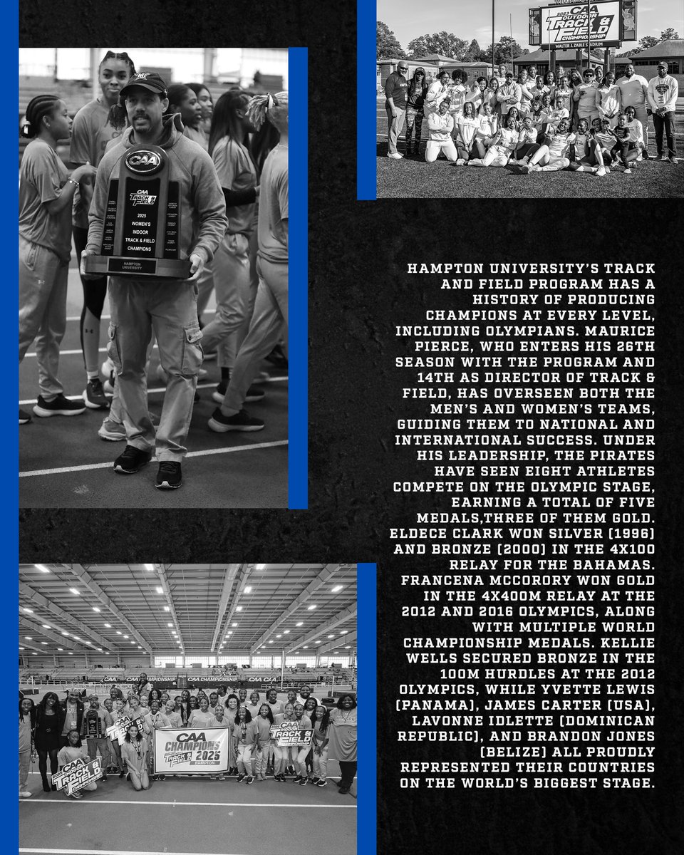 Celebrating Coach Maurice Pierce, who has led Hampton Track &amp; Field to national and Olympic success. With eight Olympians and five medals under his leadership, his impact is undeniable. Today, his legacy grows as the women’s team captures the CAA Indoor T&amp;F Championship!
