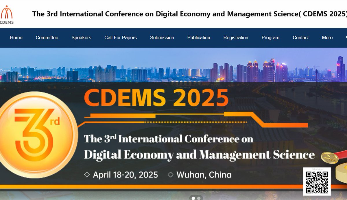 AiScholar01's tweet image. 2025 3rd International Conference on Digital Economy and Management Science (CDEMS 2025) will be held in Wuhan from April 18 to 20, 2025.

Conference Website:
ais.cn/u/MjUFRv

#internationalconference #DigitalEconomy #ManagementScience