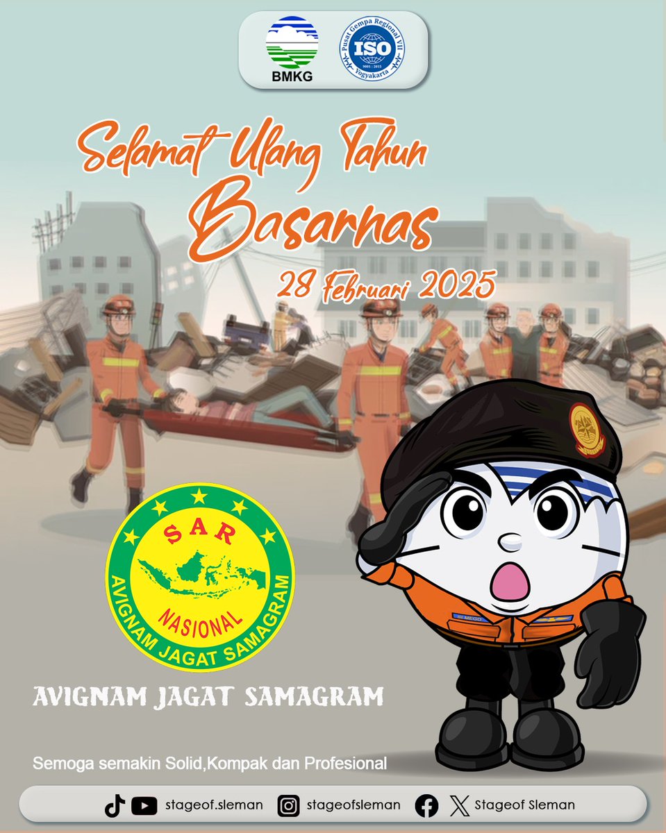 bmkgjogja's tweet image. Selamat HUT Ke-53 Badan Pencarian dan Pertolongan Nasional (Basarnas) semoga dapat Menguatkan Satu Jiwa Satu Rasa Pencarian dan Pertolongan dalam rangka Mendukung Asta Cita Menuju Basarnas Emas Tahun 2045.

@sar_nasional
@basarnas_yogyakarta
#basarnas #pencariandanpertolongan