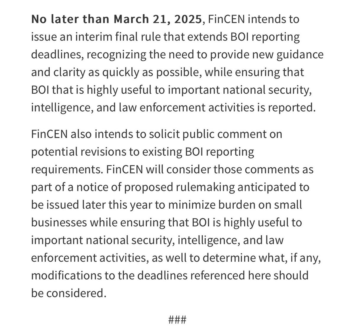Carol Roth (@caroljsroth) on Twitter photo BREAKING- CTA BOI news (h/t <a href="/SCorpAssn/">S Corporation Association</a>)
The pressure is working!
-FinCEN won’t enforce penalties for now, until a new interim rule is in place
-Rule expected to extend reporting deadlines
-Intends to solicit public comments on possible revisions to reporting
Keep pushing! BREAKING- CTA BOI news (h/t <a href="/SCorpAssn/">S Corporation Association</a>)
The pressure is working!
-FinCEN won’t enforce penalties for now, until a new interim rule is in place
-Rule expected to extend reporting deadlines
-Intends to solicit public comments on possible revisions to reporting
Keep pushing!