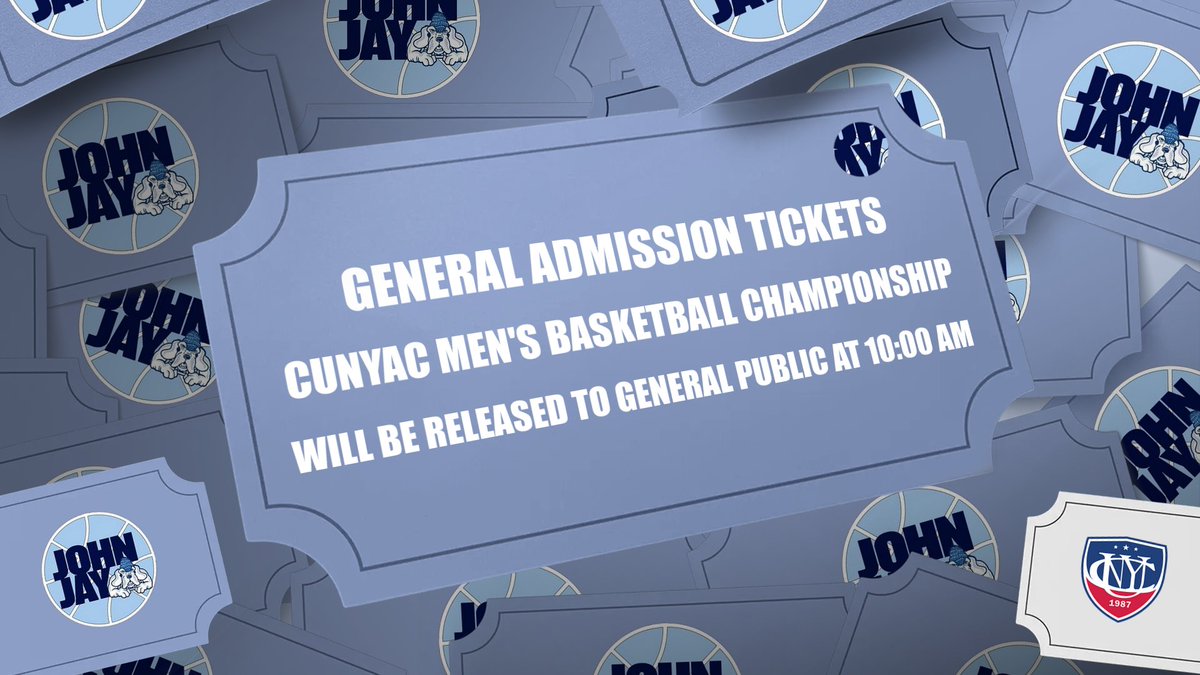 🎟️🎟️UPDATE🎟️🎟️

<a href="/CUNYAC/">CUNY Athletic Conference</a> will be releasing tickets at 10:00 am tomorrow for the general public for the Men's Basketball Championship

A link will be posted here and on our official Instagram page (jjayathletics)

LIMITED AMOUNT OF TICKETS AVAILABLE... 

FIRST COME, FIRST SERVE!