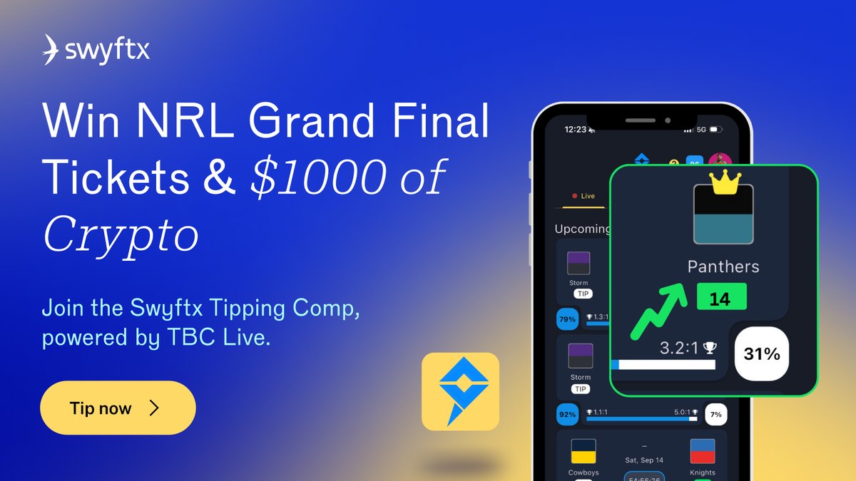 Want to win tickets to this year’s NRL Grand Final + $1,000 AUD worth of crypto of your choosing? 🏉🏆

Join the Swyftx Tipping Comp, powered by our friends at TBC Live.
Enter now 👉 link.tbclive.com/z8vbvbN02Qb

Ts&amp;Cs apply: tbclive.com/terms-conditio…