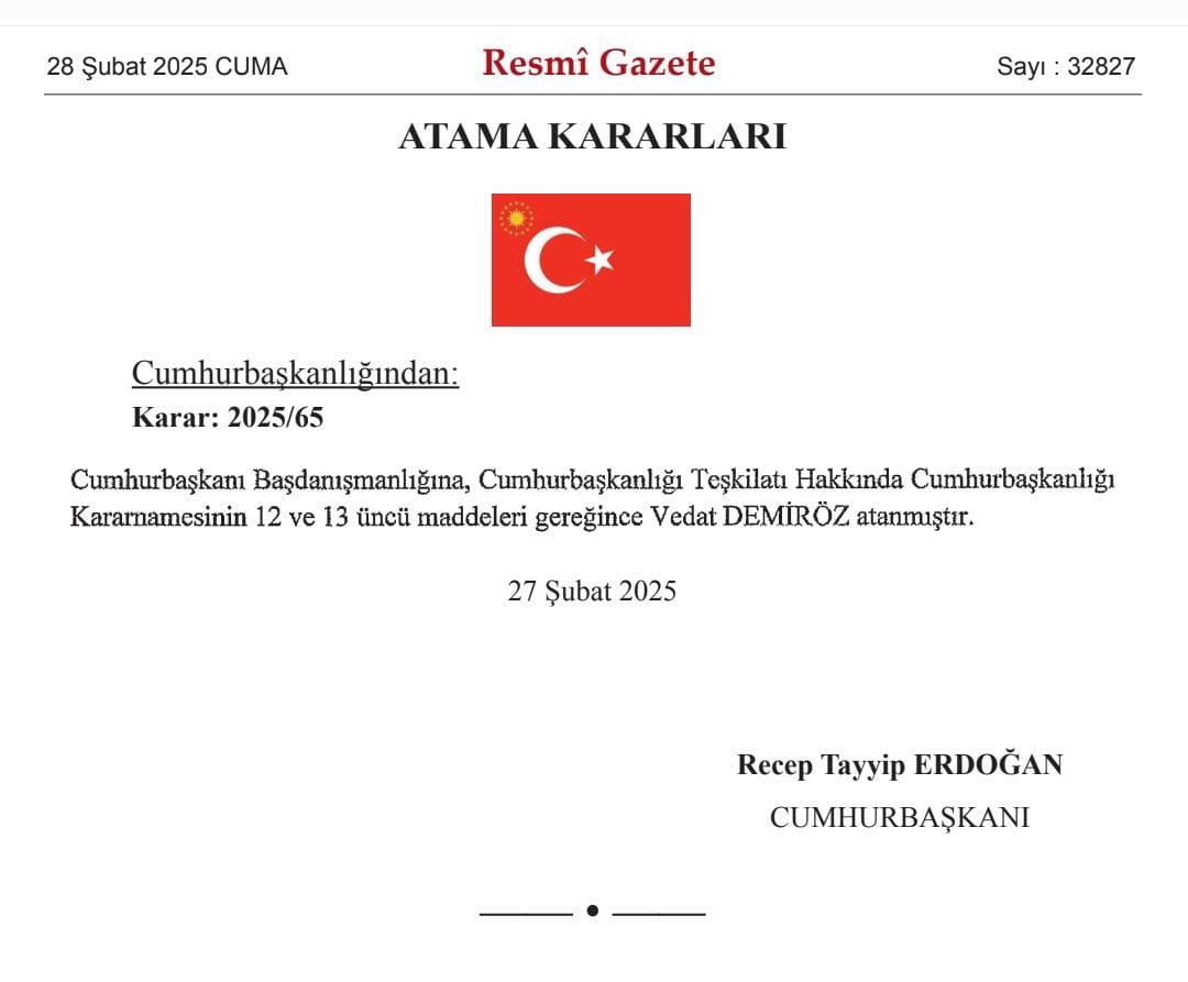 Vedat Demiröz (@vedatdemiroz) on Twitter photo Cumhurbaşkanımız Sayın <a href="/RTErdogan/">Recep Tayyip Erdoğan</a> ‘ın tensipleriyle Cumhurbaşkanı Başdanışmanı olarak atanmış bulunmaktayım.
Bizlere bu görevleri tevdi eden ve aziz milletimize hizmet etme fırsatı veren Sayın Cumhurbaşkanımıza sonsuz şükranlarımızı sunuyorum.
Rabbim utandırmasın… Cumhurbaşkanımız Sayın <a href="/RTErdogan/">Recep Tayyip Erdoğan</a> ‘ın tensipleriyle Cumhurbaşkanı Başdanışmanı olarak atanmış bulunmaktayım.
Bizlere bu görevleri tevdi eden ve aziz milletimize hizmet etme fırsatı veren Sayın Cumhurbaşkanımıza sonsuz şükranlarımızı sunuyorum.
Rabbim utandırmasın…