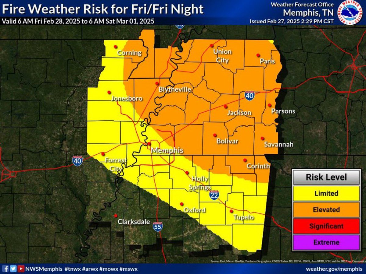 ⚠️Tomorrow, due to very dry air and gusty winds, the majority of Lafayette County will see an increased risk for grass, brush, and woodland fires. 💨