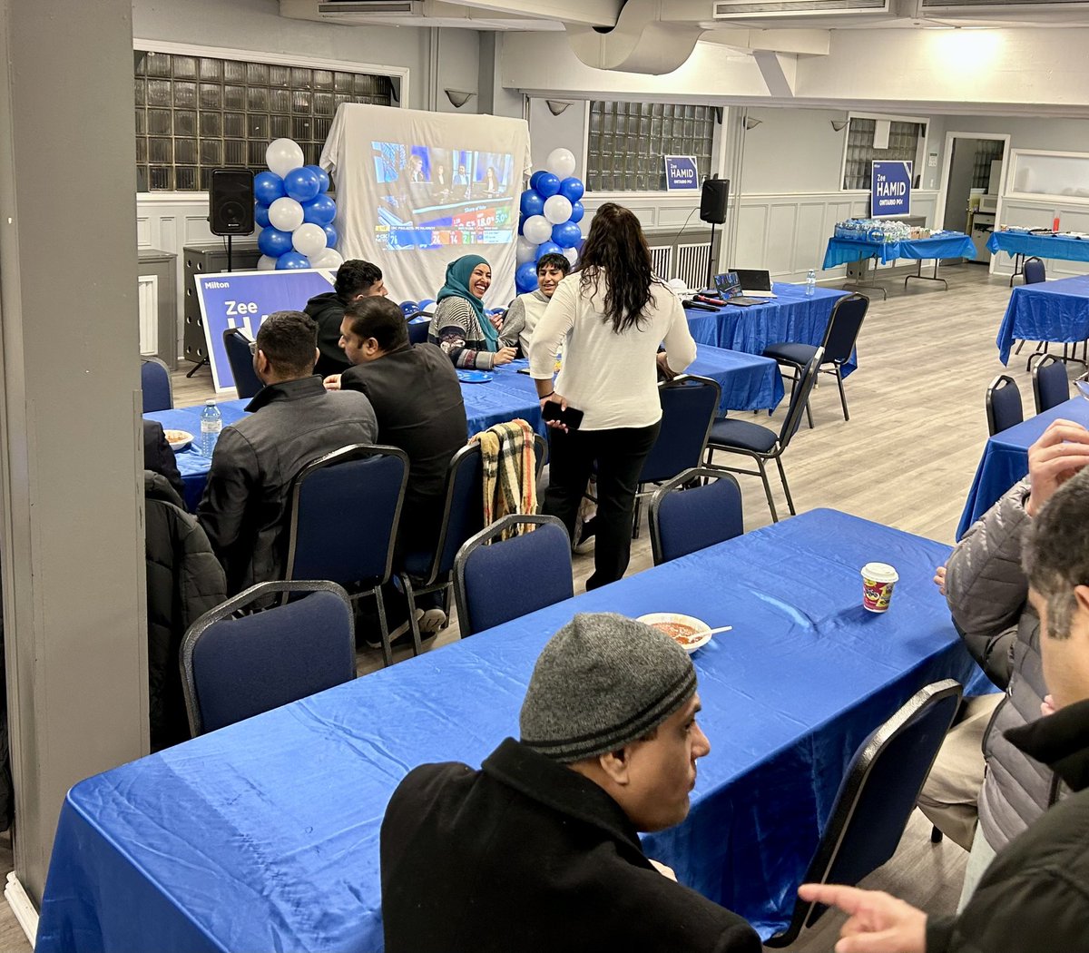 Rolandcilliers's tweet photo. The energy is growing at the election party for @zeeinmilton as early results look good for the PC candidate. #haltonvotesOnt2025 https://t.co/zrYFSSaVrv
