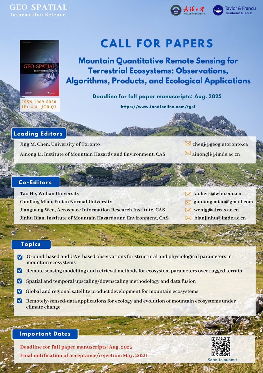 🌍🏔️ Call for Papers! 🏔️🌍

How can remote sensing improve our understanding of mountain ecosystems? Our special issue explores observations, algorithms, products, and ecological applications for these critical landscapes.

🔗 Submit here: think.taylorandfrancis.com/special_issues…
📅 Deadline: