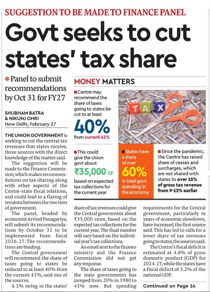 IamGKumarNaik's tweet image. While states continue to demand a fair share of #tax devolution, the #Centre has reduced their allocation. Did the Union Govt even consult the states before proposing a cut in #devolution for the final year of the 15th Finance Commission?
Will Centre-State fiscal relations…