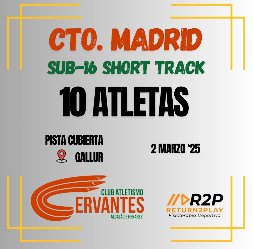 🔟 Atletas 💚🤍🧡 disputarán el #domingo el #Campeonato de #Madrid sub-16.

Turno para nuestra escuela con un altísimo nivel y seguro que nos darán muchas alegrías.

Suerte chic@s, a por todas!

Patrocinador club R2P Fisioterapia

<a href="/AytoAlcalaH/">Ayuntamiento de Alcalá de Henares</a> <a href="/Alcala_Deporte/">Alcalá es Deporte</a> 

#atletismo #correr