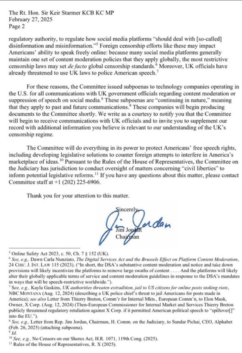Prime Minister Keir Starmer delivered an invitation from King Charles to President Trump for a second State visit to Britain, meanwhile he received a letter from the U.S. House Committee on the Judiciary. 

The Committee, investigating foreign influence on U.S. free speech,