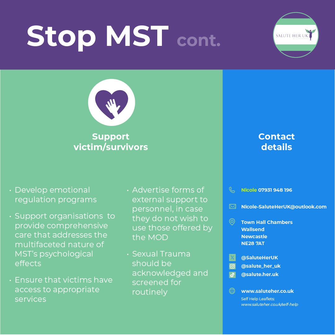 Taking a stand against Military Sexual Trauma (MST) by promoting protective social norms, developing skills to prevent violence, empowering victims,  creating safe environments, and supporting survivors. Let's make a change together. #StopMST #SupportSurvivors