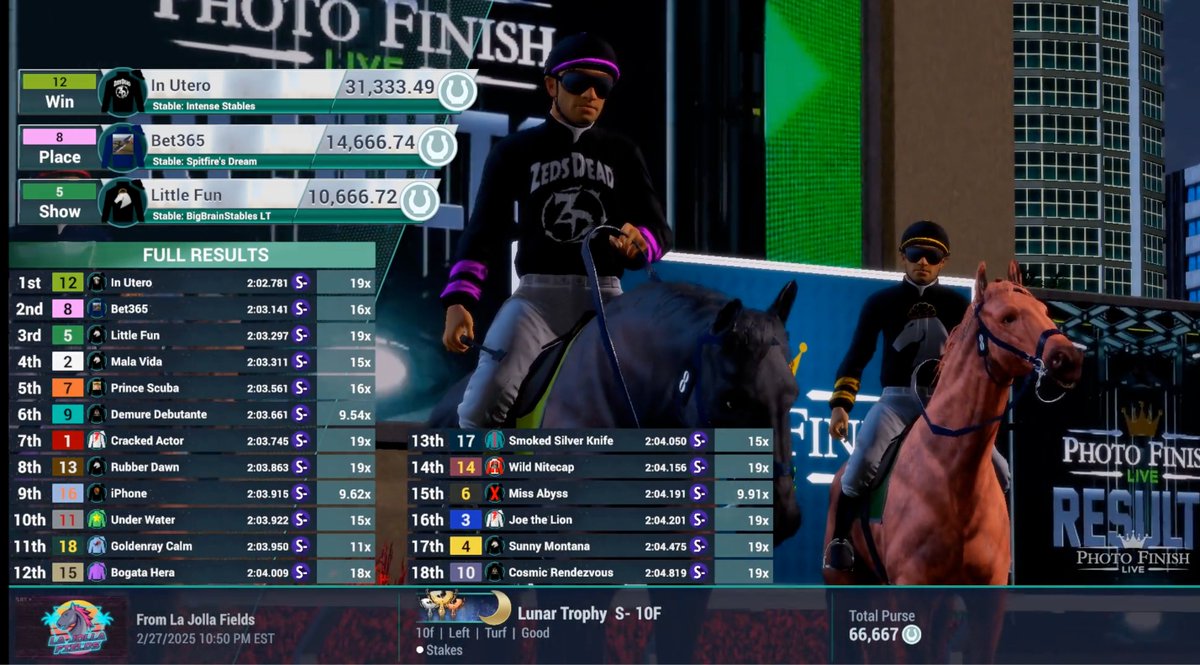 IntenseStables's tweet image. In Utero smashed her 1st 5 races as a juvie then didn&apos;t win again for over a month until tonight when she smashed the S- Luner Trophy championship @photofinishgame. First of all LFG. But second, may have been destiny tonight with those silks. RIP Zed Run. Hell of a failure! 🐎👑