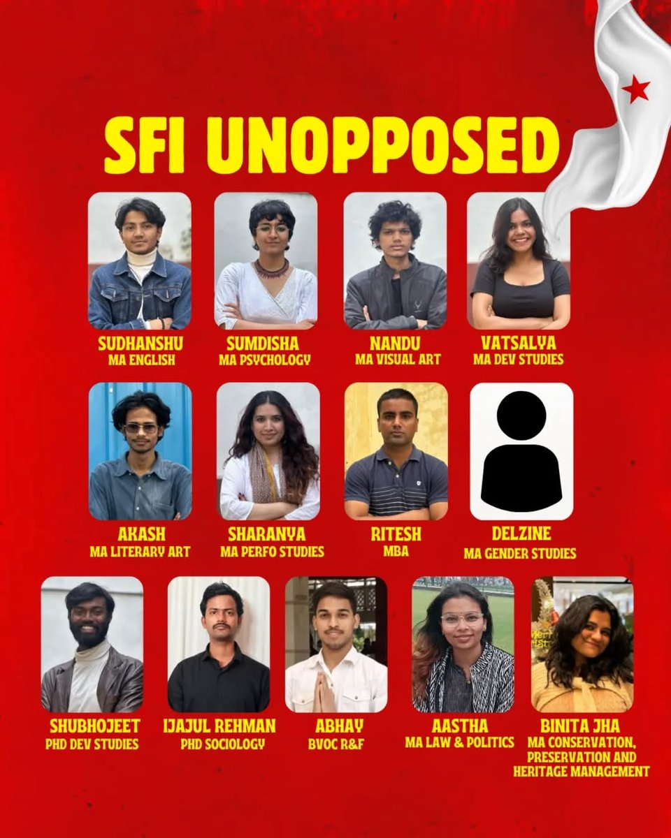 Good News from AUD!
SFI WINS 13 SEATS UNOPPOSED!
With the Election Committee releasing the final list of candidates for the AUDSC 2025 elections, SFI has emerged as the single largest student organization, securing 13 councilor positions unopposed!