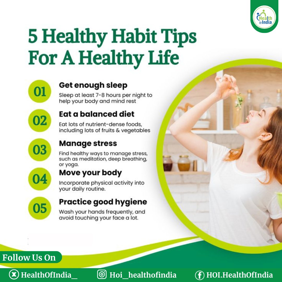 HealthOfIndia_'s tweet photo. Adopt these 5 healthy habits to live a balanced, stress-free, and energetic life every day!

#HealthOfIndia #HealthyLife #HealthyHabits #HealthTips #FitnessGoals #SelfCareDaiy #healthylivingeveryday #stressfreelife https://t.co/TyunhrlJzW