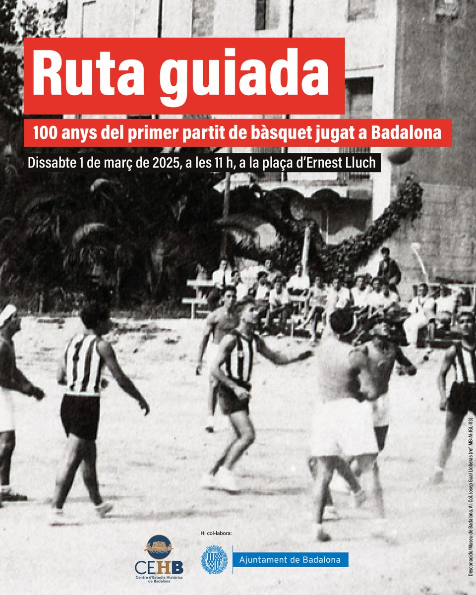 🏀Aquest 1 de març celebrem 100 anys del primer partit de bàsquet documentat a Badalona! 

📅 Dissabte 1 de març de 2025
🕚 11 h
📍 Plaça d'Ernest Lluch

Uneix-te a la ruta guiada per descobrir els espais clau de la història esportiva de la ciutat.